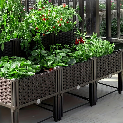 Elevated Raised Garden Planter with Legs, Black Woven Plastic Plant Container, Sturdy Lightweight Outdoor Planter Box for Flowers, Vegetables, Herbs Gardening