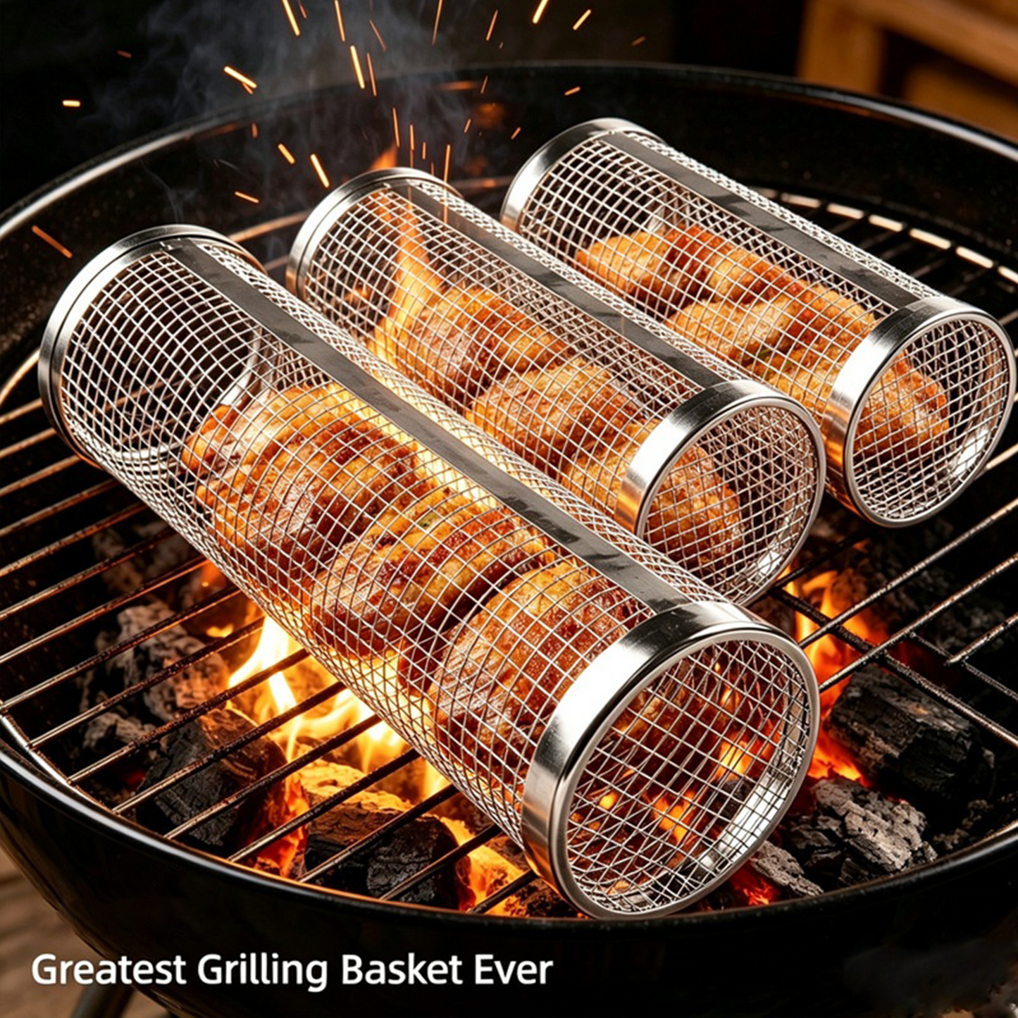 😋🔥Stainless Steel Rotary BBQ Cage with Handle🍗