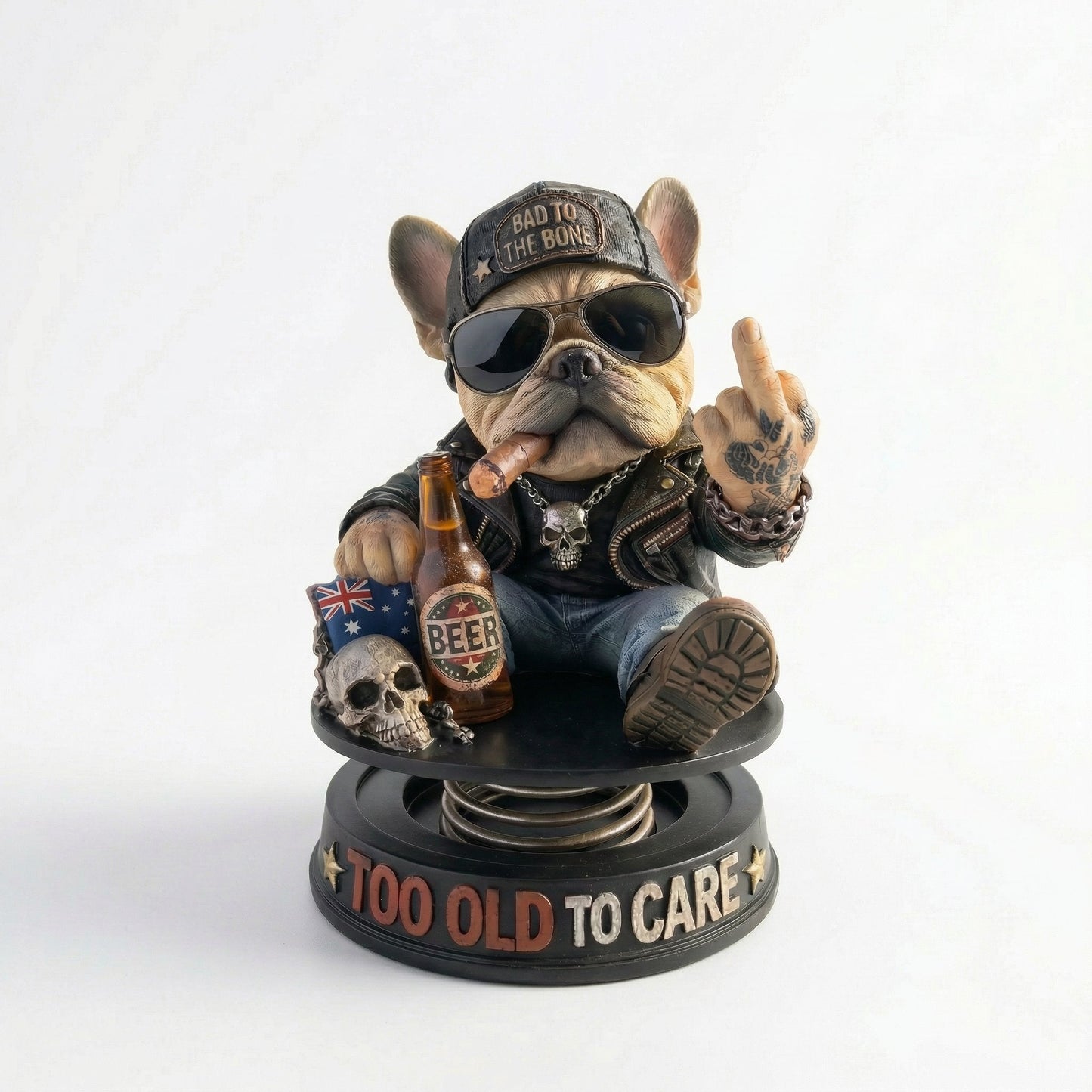 "Too Old To Care" Hardcore Frenchie Dashboard Bobblehead😎 - Rebellious Middle Finger Bulldog Car Decor