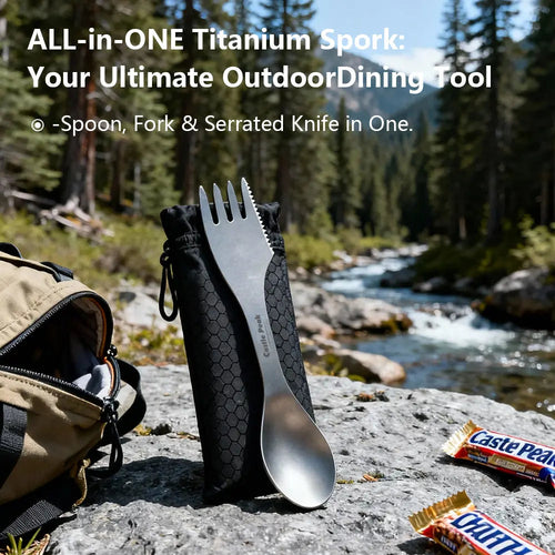 Titanium Camping Utensil Set | Unbreakable Knife+Fork+Spoon Combo for Hiking & Survival | Corrosion-Resistant & Easy Clean | All-In-One Titanium Spork Camping Burner