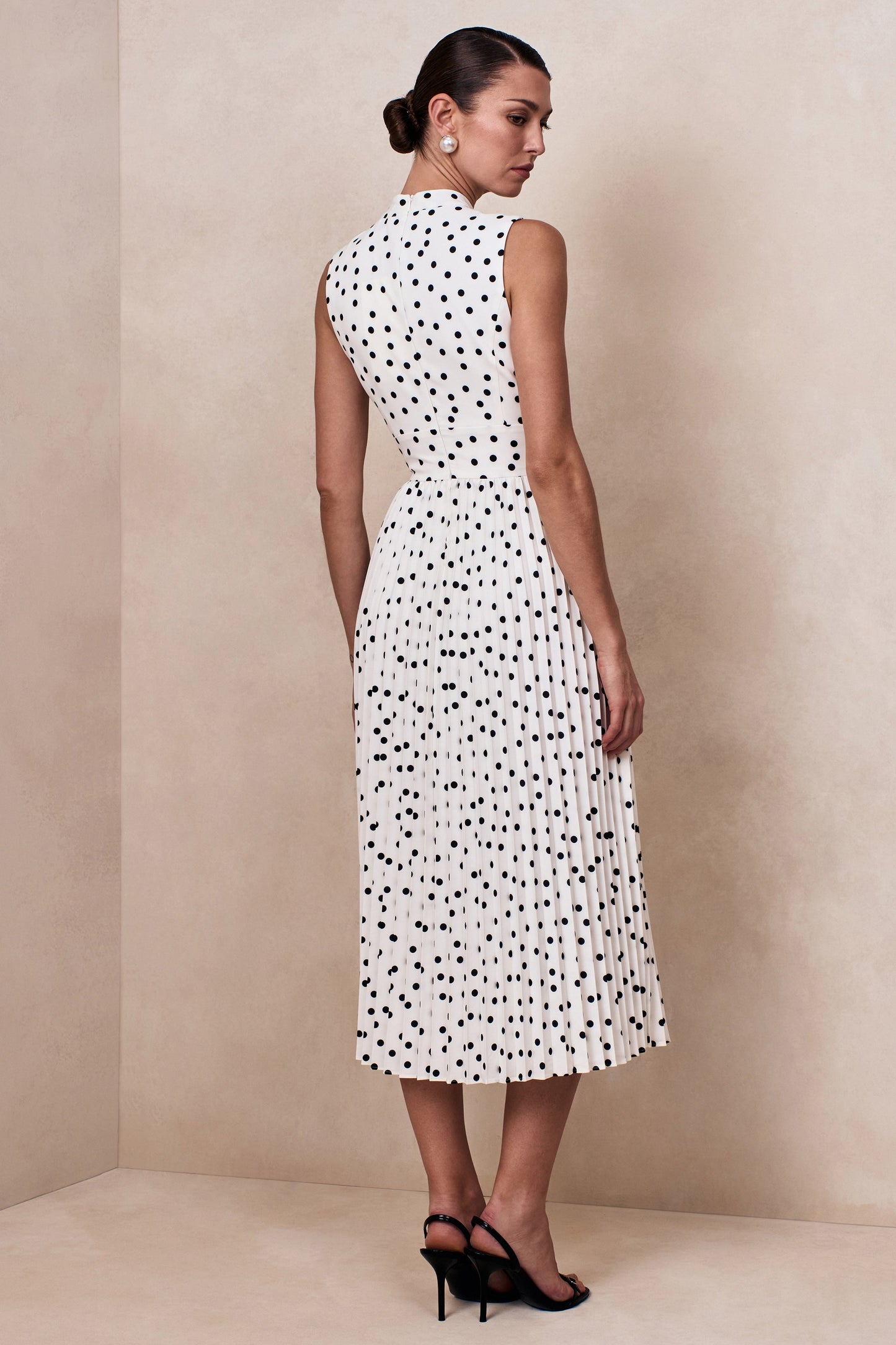 White Polka Dot Scarf-Neck Midi Dress With Pleated Skirt