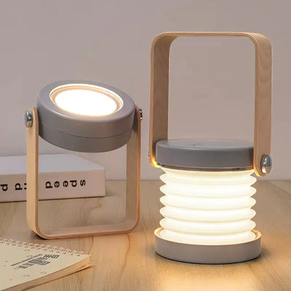 Contemporary Scandinavian Portable Retractable Lantern Cylindrical Wood Iron PC LED Table Lamp