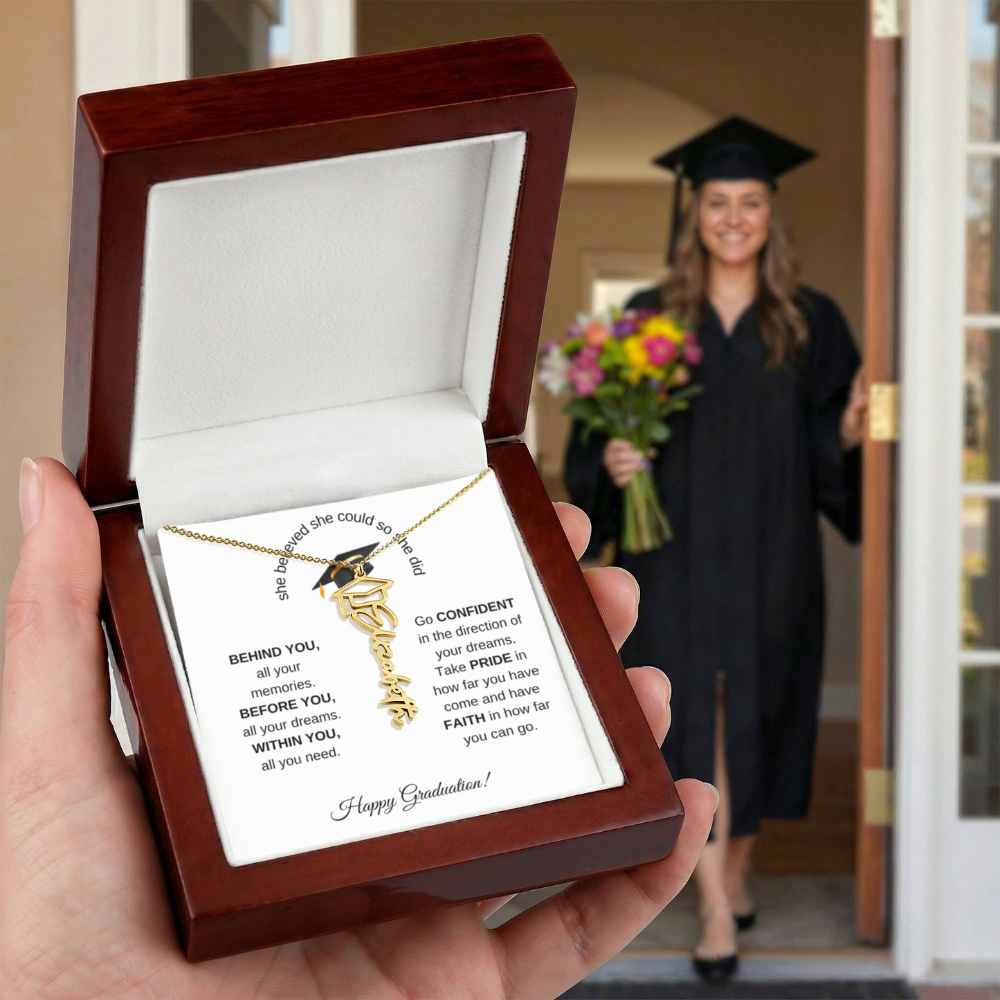 She believed She Could So She Did - Graduation Cap Name Necklace