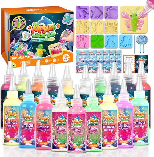 Timetome Magic Water Elf Toy Kit for Kids – 20 Gels (11 Standard + 6 Glitter + 3 Glow) & 10 Molds, DIY Squishy Maker, Aqua Fairy Gel Toys, Night Glow & Glitter, Valentine Gifts for Boys & Girls 3+